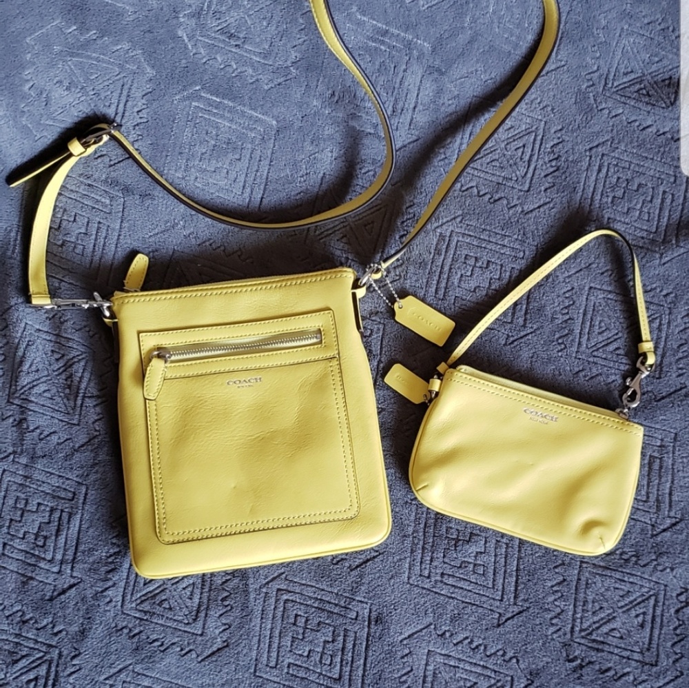 Coach canary yellow leather crossbody bag &wrislet